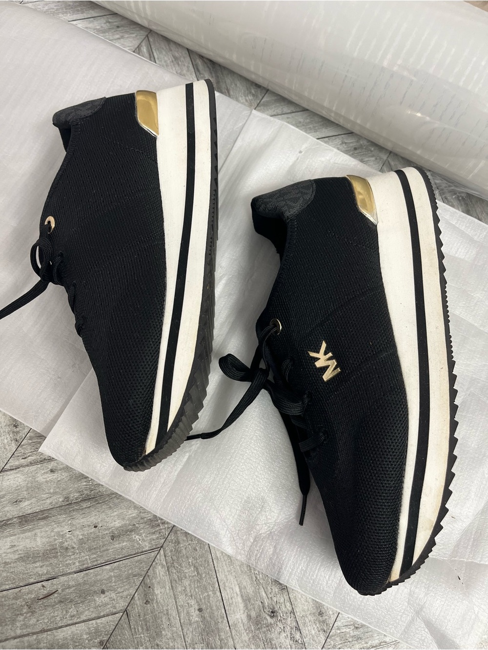 Michael Kors Black Knit Platform Sneakers with Gold Accents